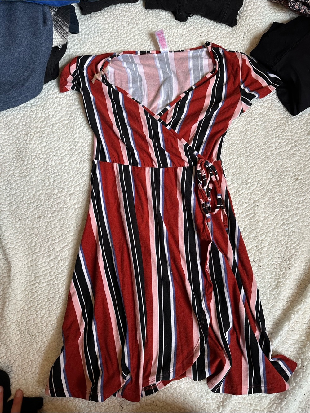 No Boundaries Red, Pink & Black Striped Wrap Midi Dress